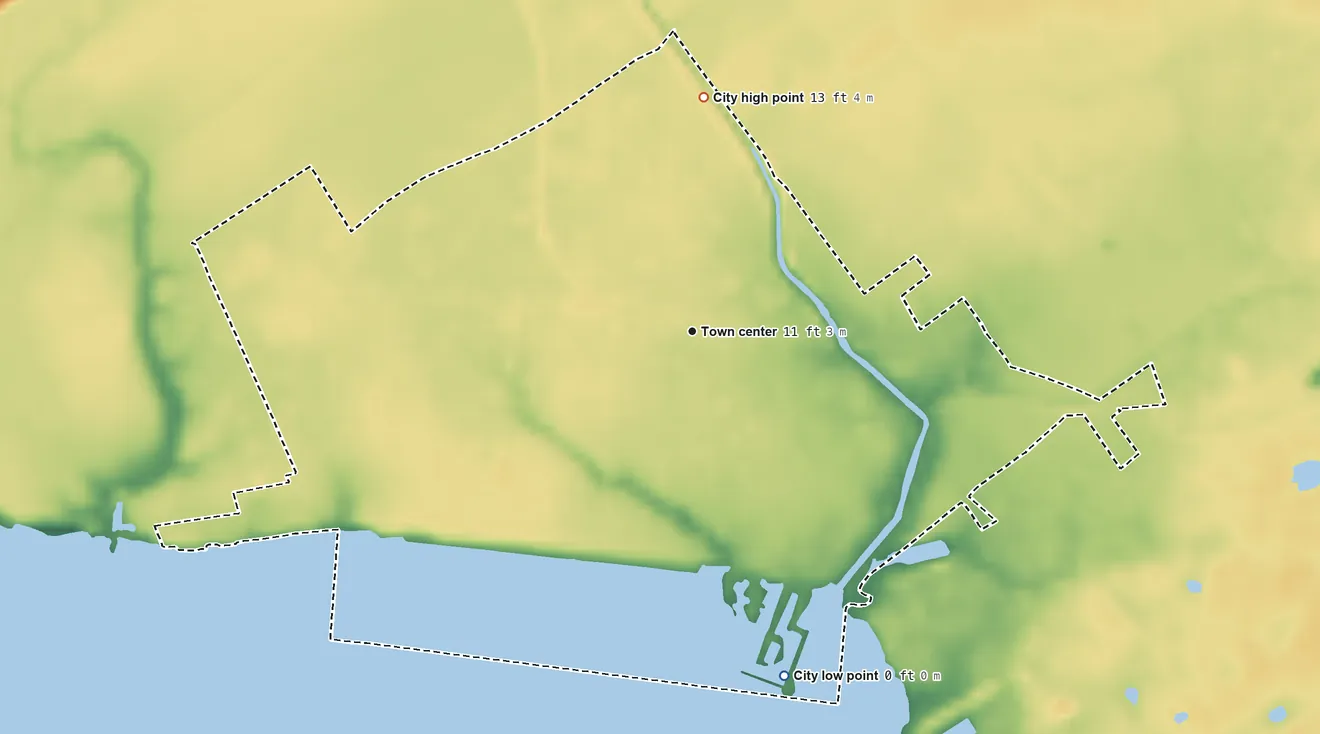 Topographic elevation map of Seadrift, Texas, shaded from sea level level on San Antonio Bay to 13 ft on the north side