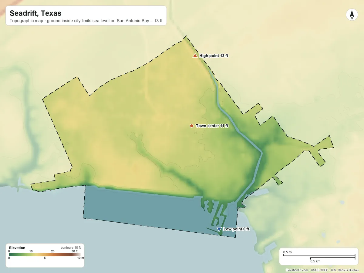 Topographic elevation map of Seadrift, Texas, shaded from sea level level on San Antonio Bay to 13 ft on the north side