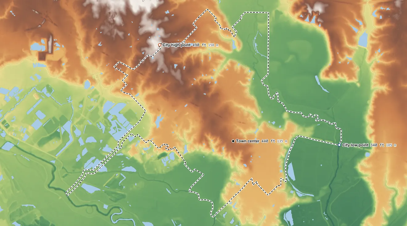 Topographic elevation map of Seagoville, Texas, shaded from 340 ft on the east side to 490 ft on the northwest side