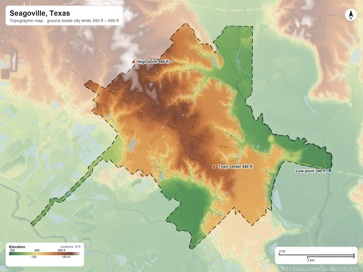 Topographic elevation map of Seagoville, Texas, shaded from 340 ft on the east side to 490 ft on the northwest side