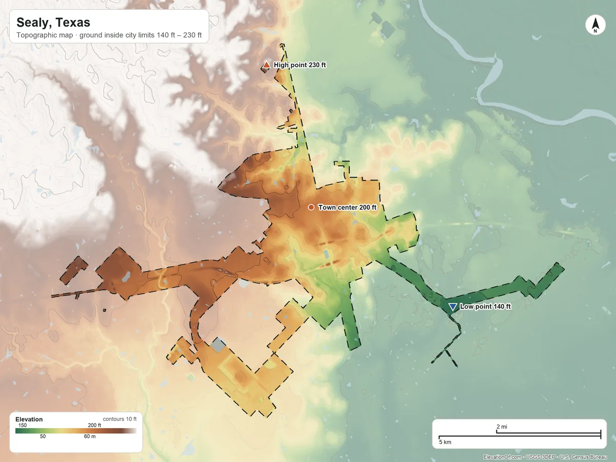 Topographic elevation map of Sealy, Texas, shaded from 140 ft on the southeast side to 230 ft on the north side