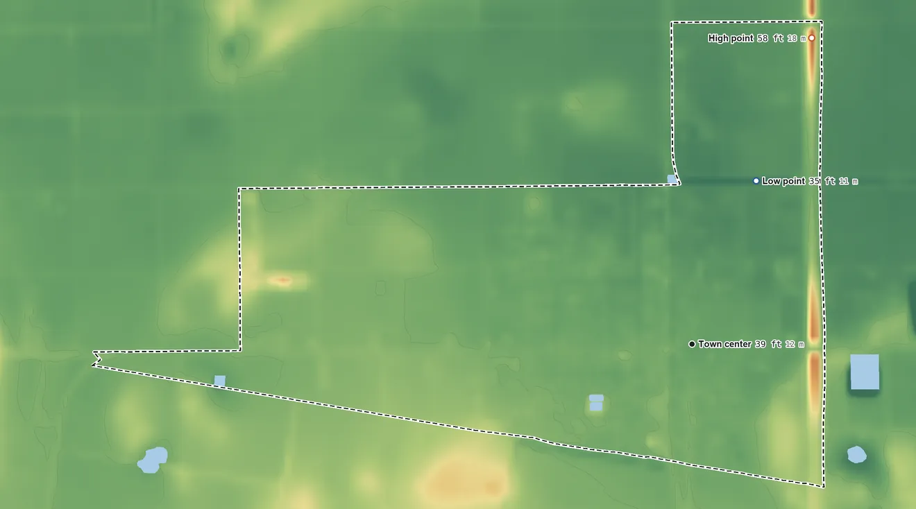 Topographic elevation map of Sebastian, Texas, shaded from 35 ft on the north side to 58 ft on the north side