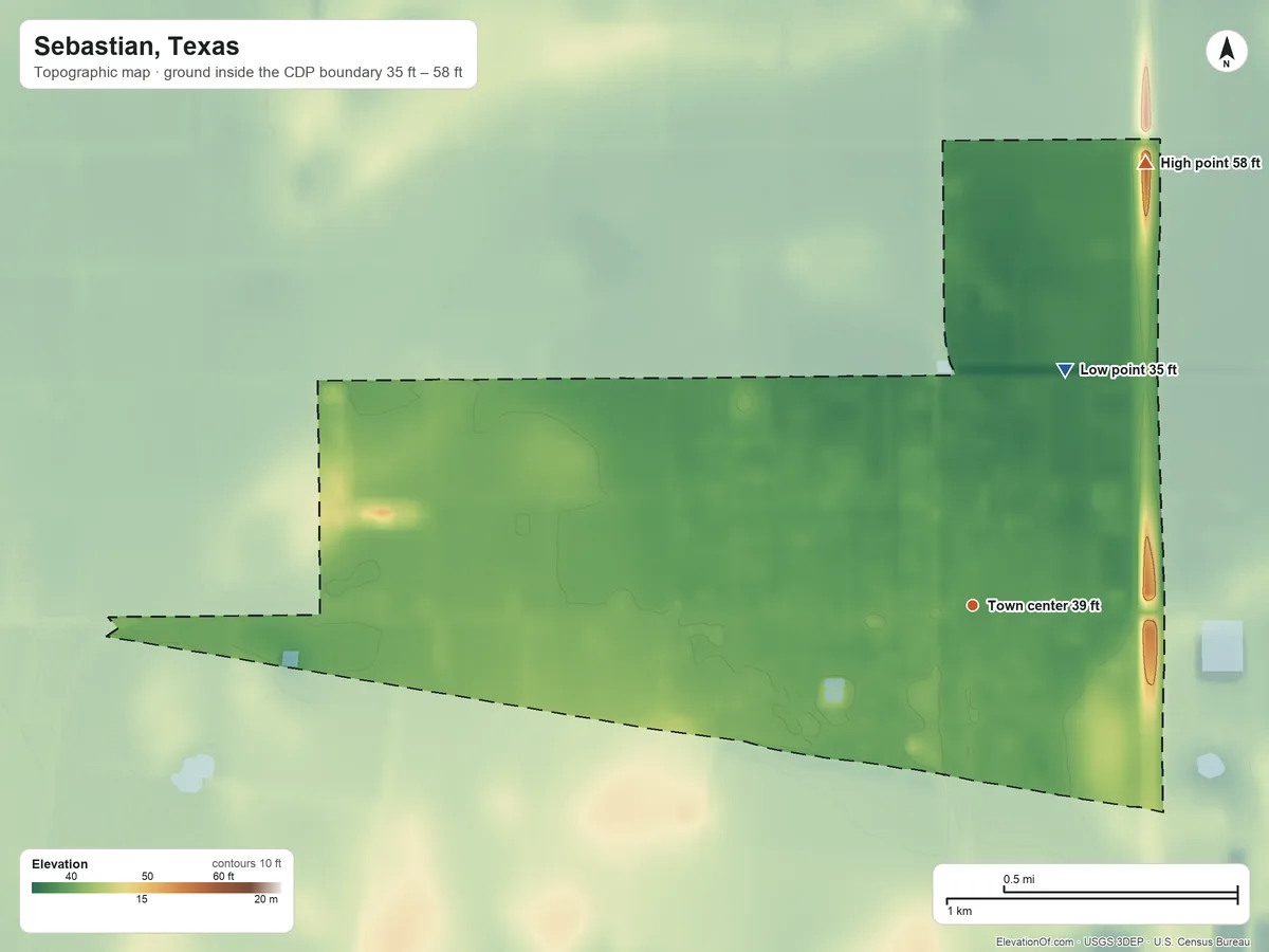 Topographic elevation map of Sebastian, Texas, shaded from 35 ft on the north side to 58 ft on the north side