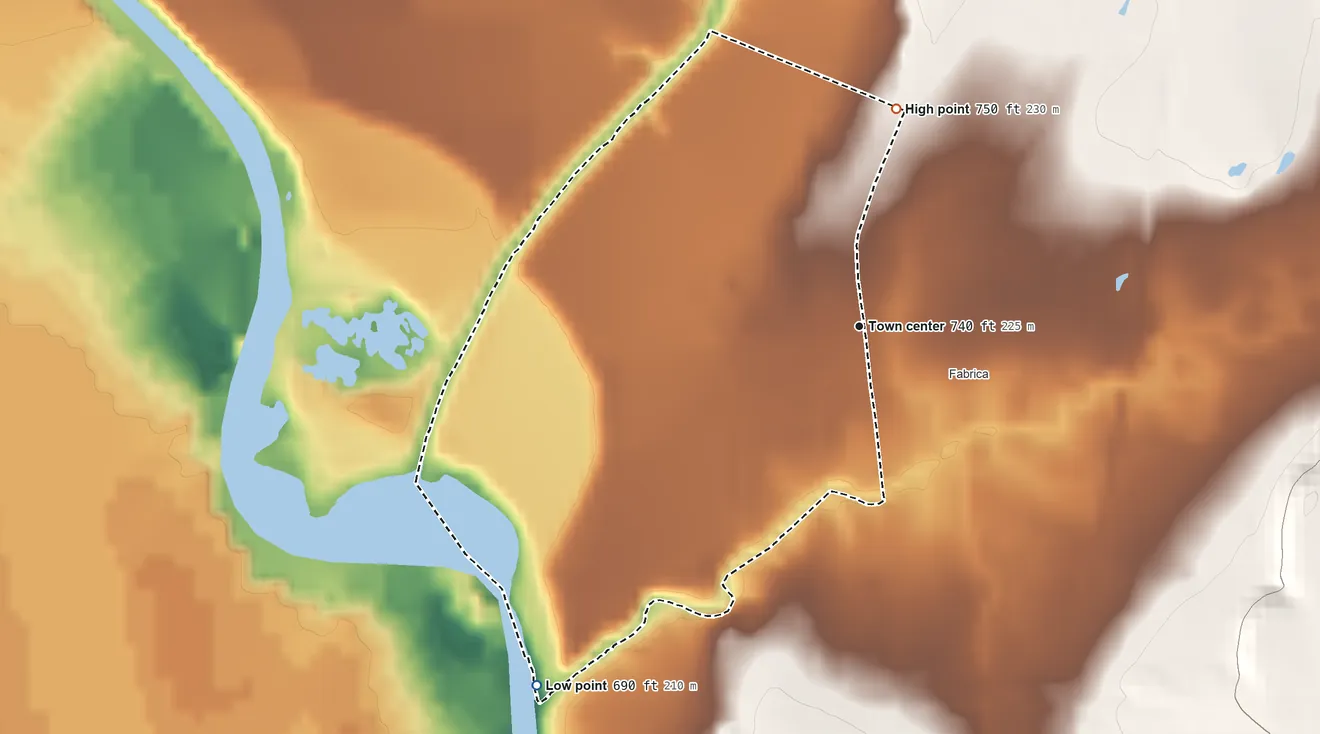 Topographic elevation map of Seco Mines, Texas, shaded from 690 ft on the southwest side to 750 ft on the north side
