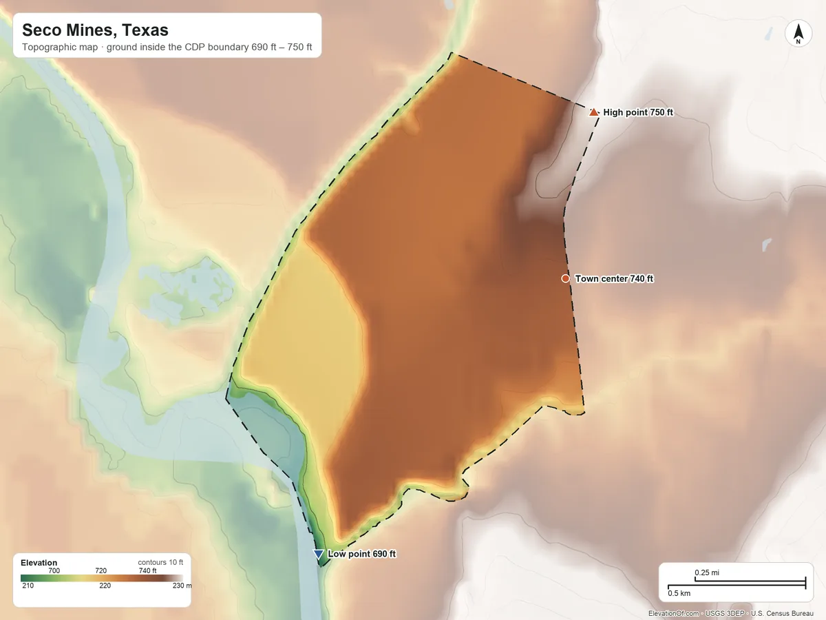 Topographic elevation map of Seco Mines, Texas, shaded from 690 ft on the southwest side to 750 ft on the north side