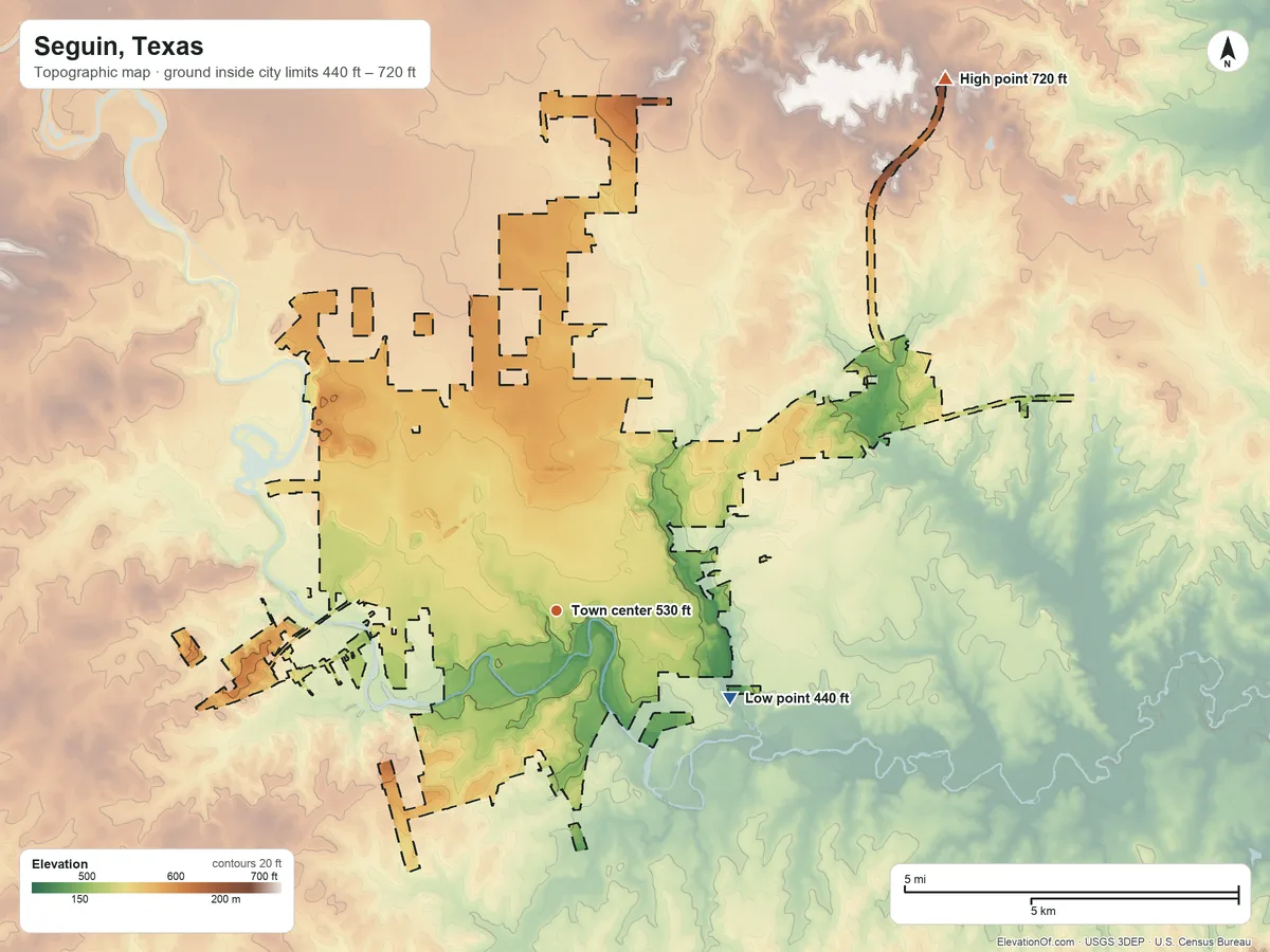 Topographic elevation map of Seguin, Texas, shaded from 440 ft on the southeast side to 720 ft on the northeast side