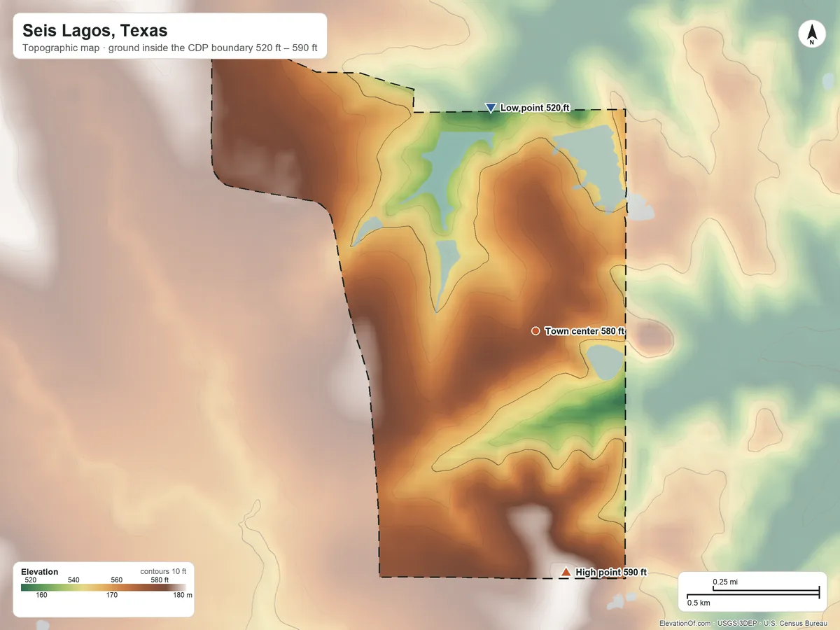 Topographic elevation map of Seis Lagos, Texas, shaded from 520 ft on the north side to 590 ft on the south side