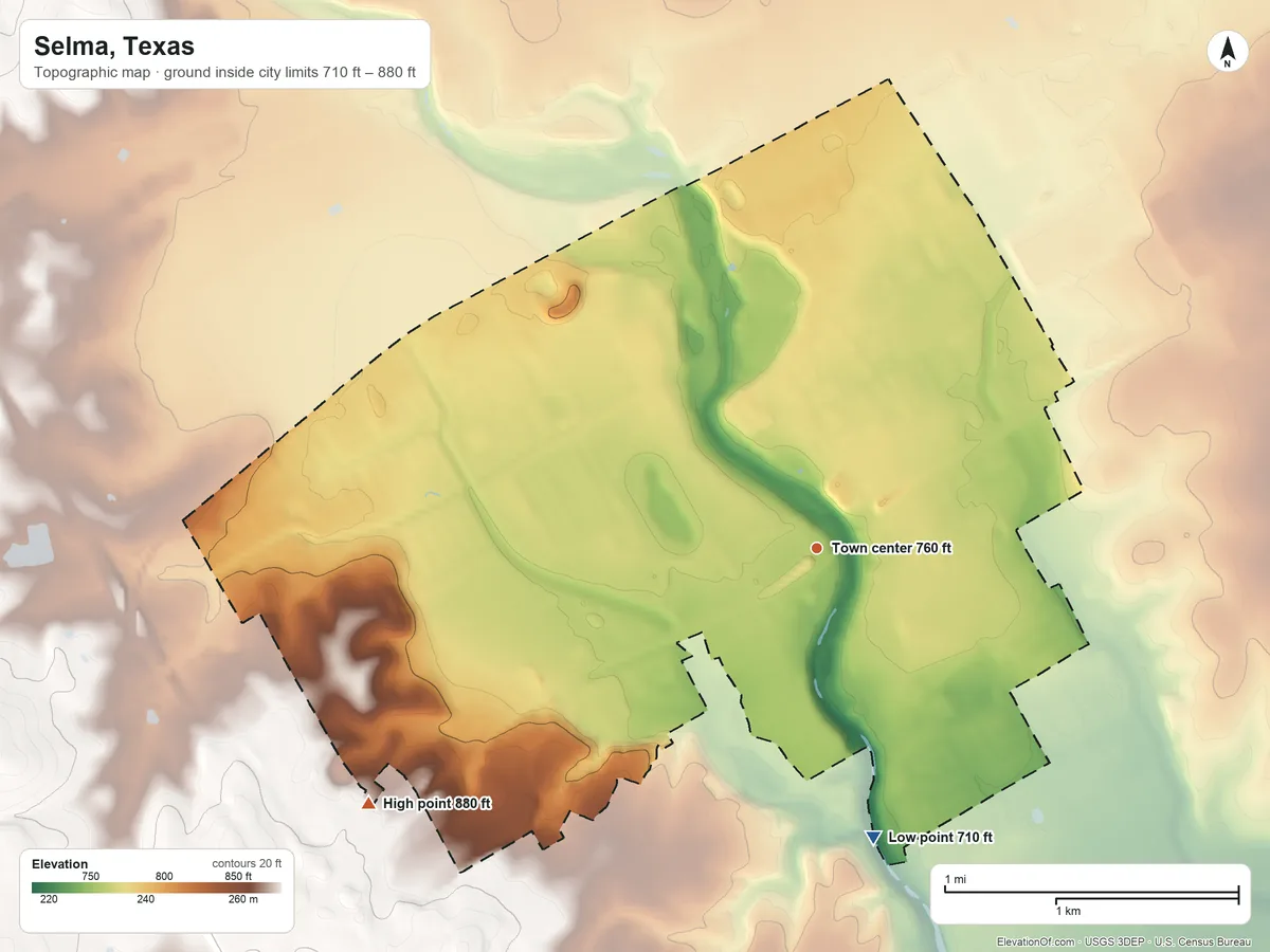 Topographic elevation map of Selma, Texas, shaded from 710 ft on the south side to 880 ft on the southwest side