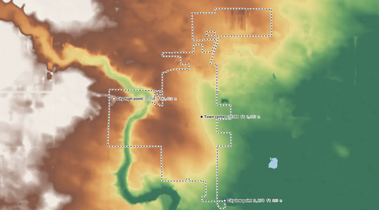 Topographic elevation map of Seminole, Texas, shaded from 3,270 ft on the south side to 3,350 ft on the west side