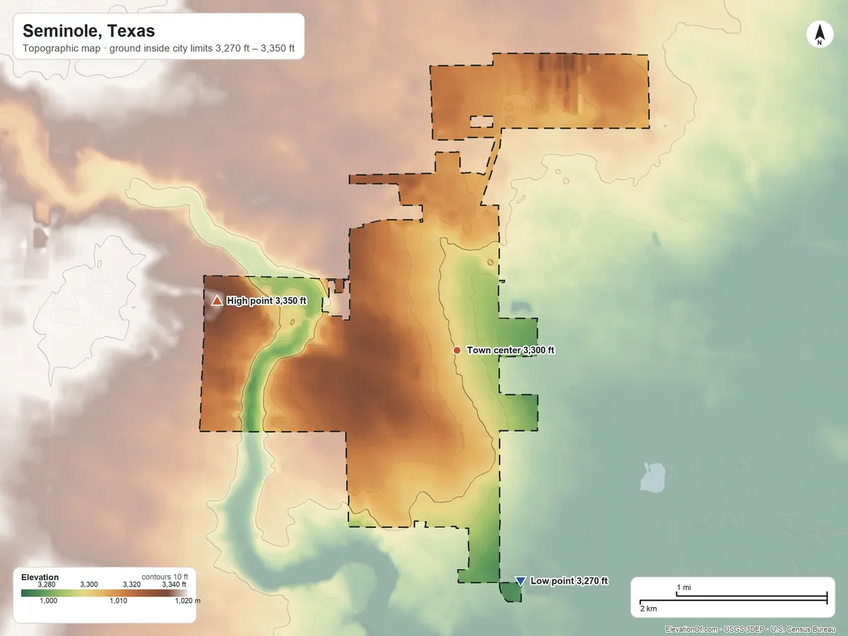 Topographic elevation map of Seminole, Texas, shaded from 3,270 ft on the south side to 3,350 ft on the west side