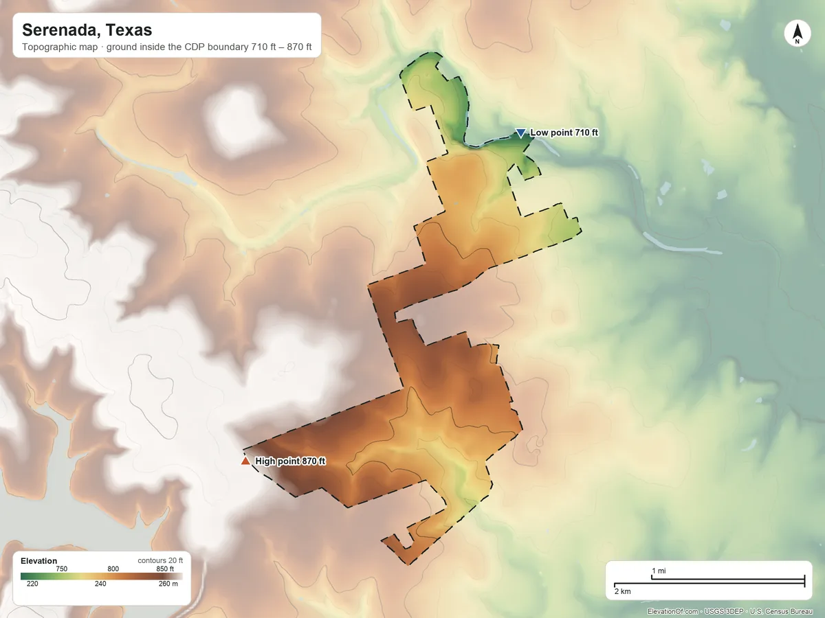 Topographic elevation map of Serenada, Texas, shaded from 710 ft on the north side to 870 ft on the west side