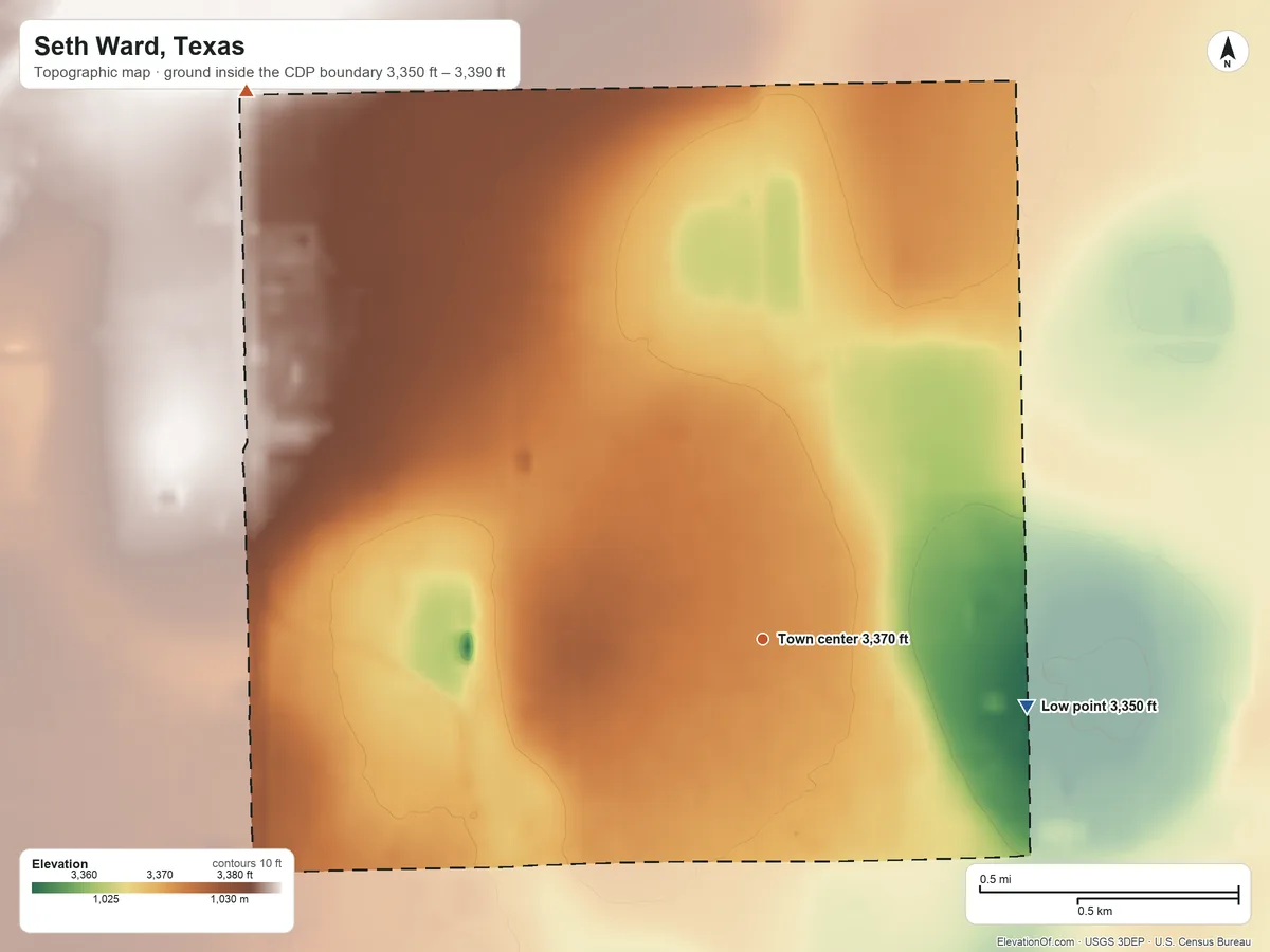 Topographic elevation map of Seth Ward, Texas, shaded from 3,350 ft on the east side to 3,390 ft on the northwest side