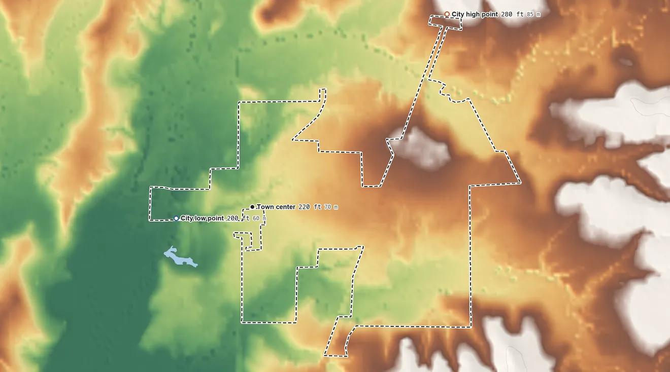 Topographic elevation map of Seven Oaks, Texas, shaded from 200 ft on the west side to 280 ft on the northeast side