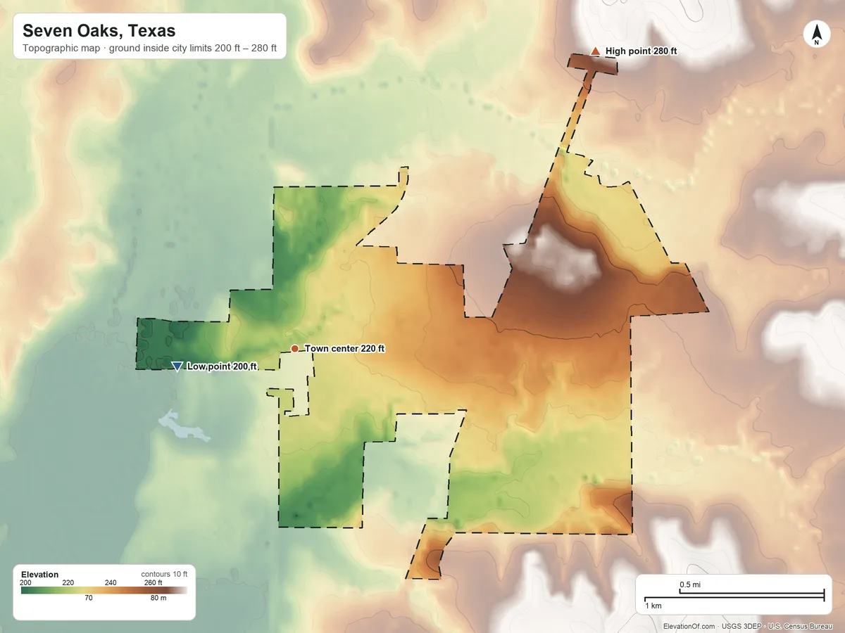 Topographic elevation map of Seven Oaks, Texas, shaded from 200 ft on the west side to 280 ft on the northeast side
