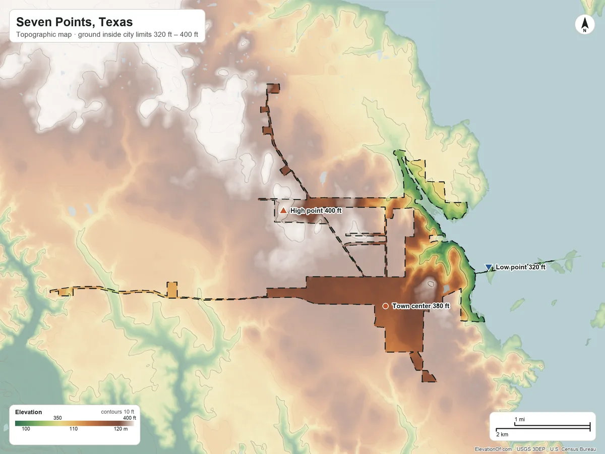 Topographic elevation map of Seven Points, Texas, shaded from 320 ft on the east side to 400 ft on the northwest side
