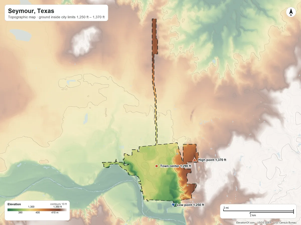 Topographic elevation map of Seymour, Texas, shaded from 1,250 ft on the southeast side to 1,370 ft on the east side