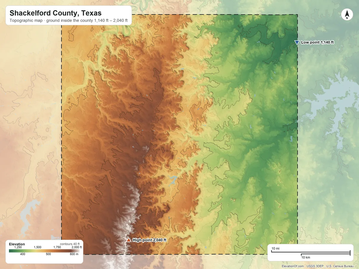 Topographic elevation map of Shackelford County, Texas, shaded from 1,140 ft on the northeast side to 2,040 ft on the southwest side