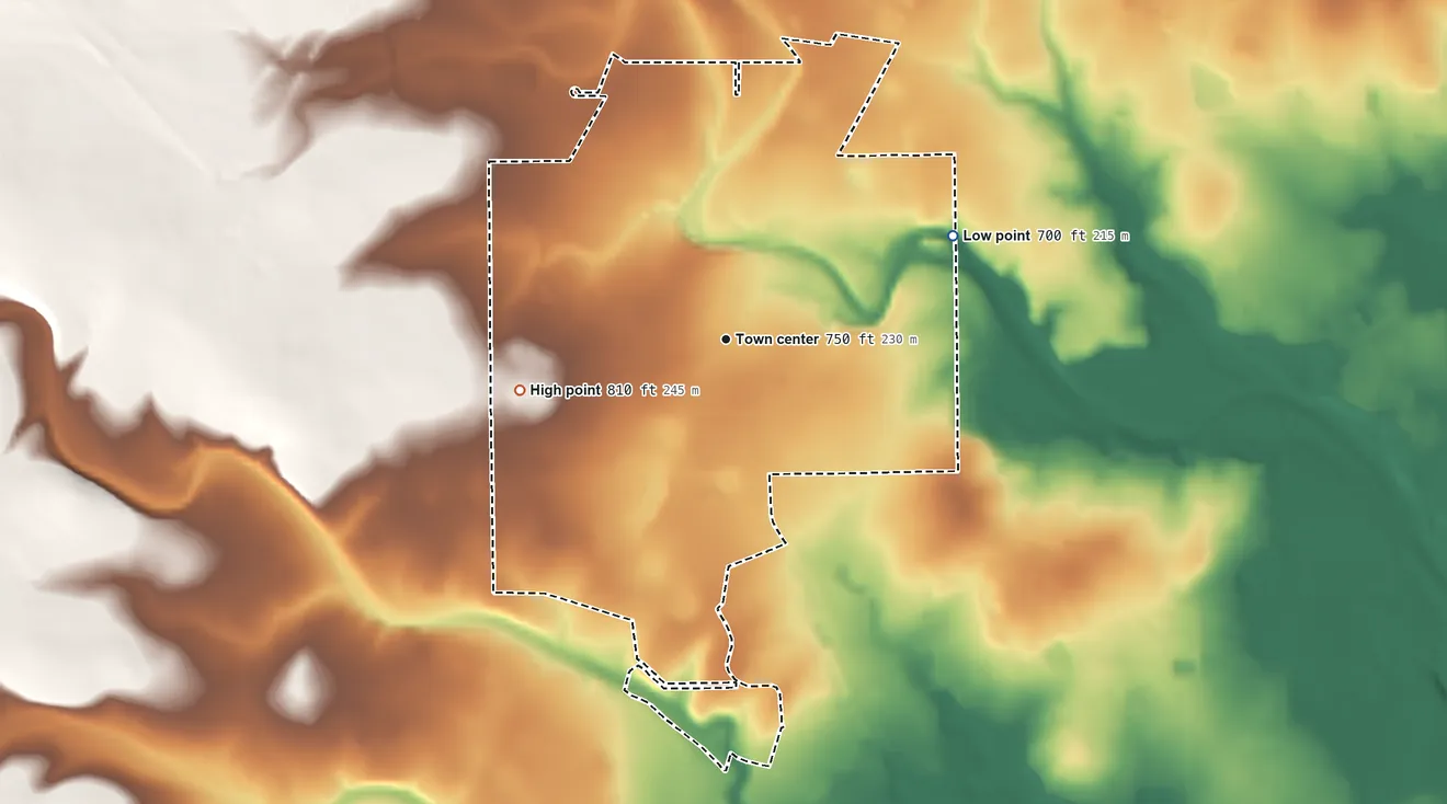 Topographic elevation map of Shady Hollow, Texas, shaded from 700 ft on the northeast side to 810 ft on the west side