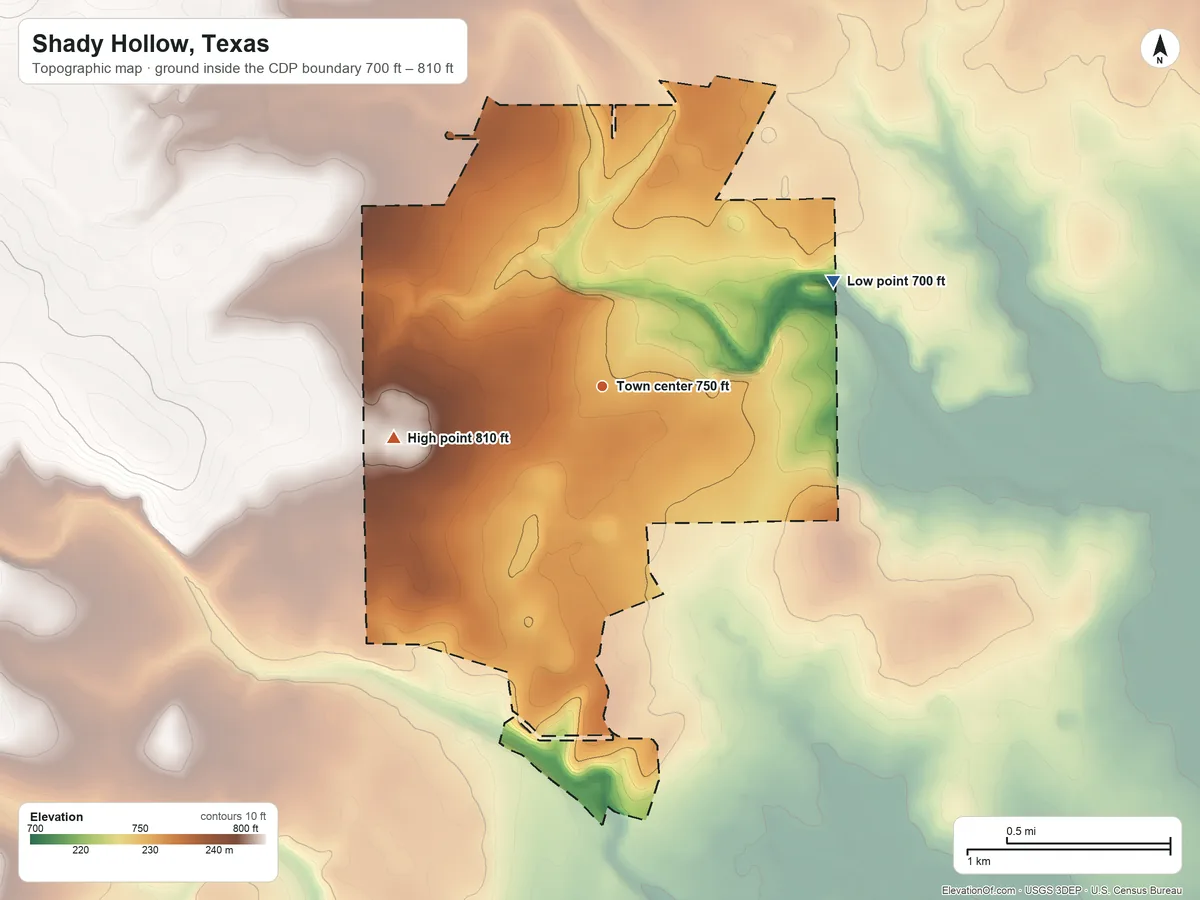 Topographic elevation map of Shady Hollow, Texas, shaded from 700 ft on the northeast side to 810 ft on the west side
