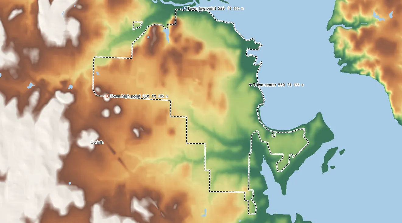 Topographic elevation map of Shady Shores, Texas, shaded from 520 ft on the northwest side to 610 ft on the west side