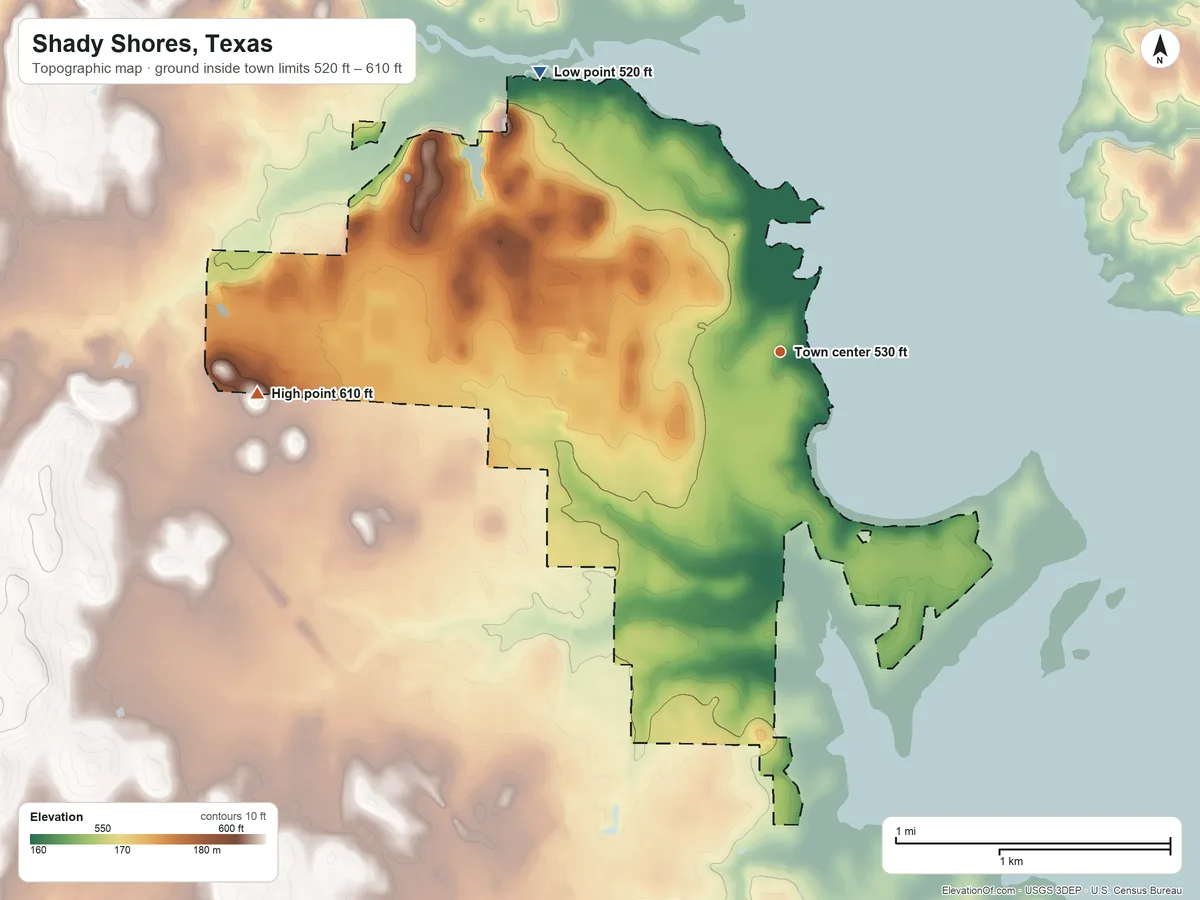 Topographic elevation map of Shady Shores, Texas, shaded from 520 ft on the northwest side to 610 ft on the west side