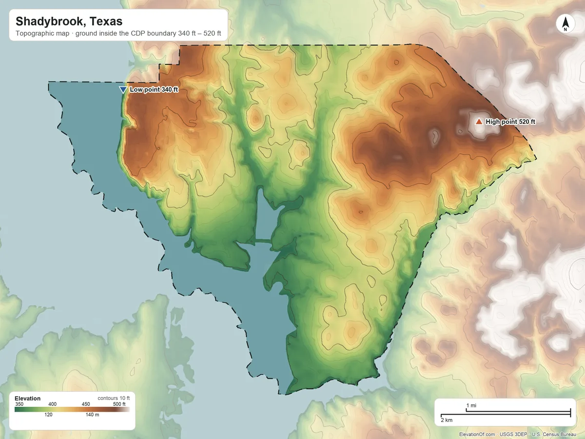 Topographic elevation map of Shadybrook, Texas, shaded from 340 ft on the northwest side to 520 ft on the northeast side