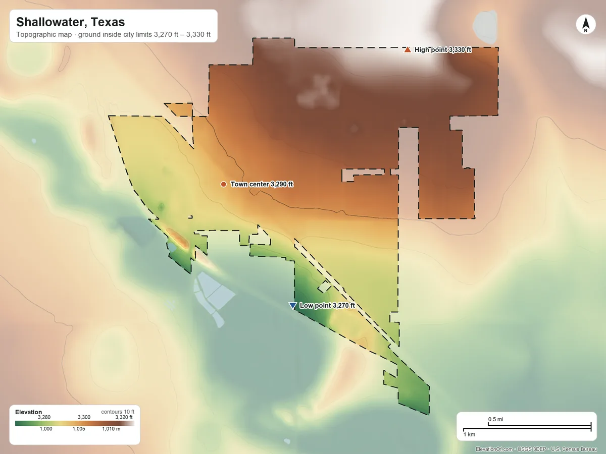 Topographic elevation map of Shallowater, Texas, shaded from 3,270 ft on the southeast side to 3,330 ft on the northeast side