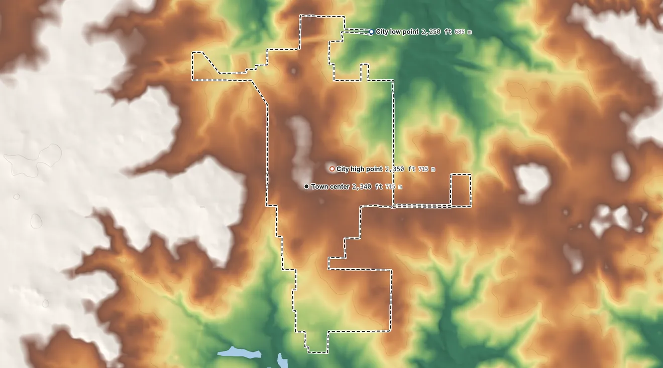 Topographic elevation map of Shamrock, Texas, shaded from 2,250 ft on the northeast side to 2,350 ft near the middle