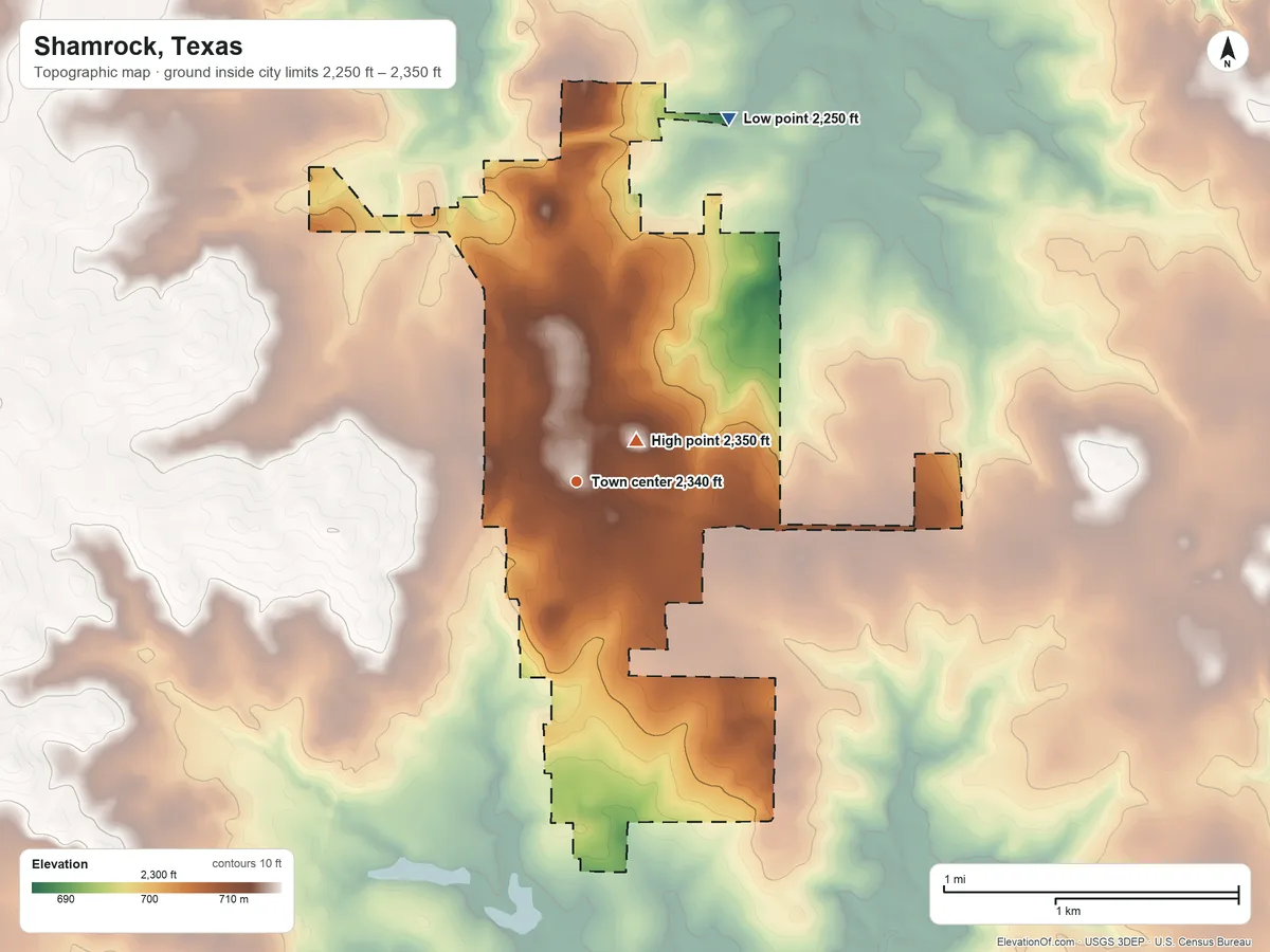 Topographic elevation map of Shamrock, Texas, shaded from 2,250 ft on the northeast side to 2,350 ft near the middle