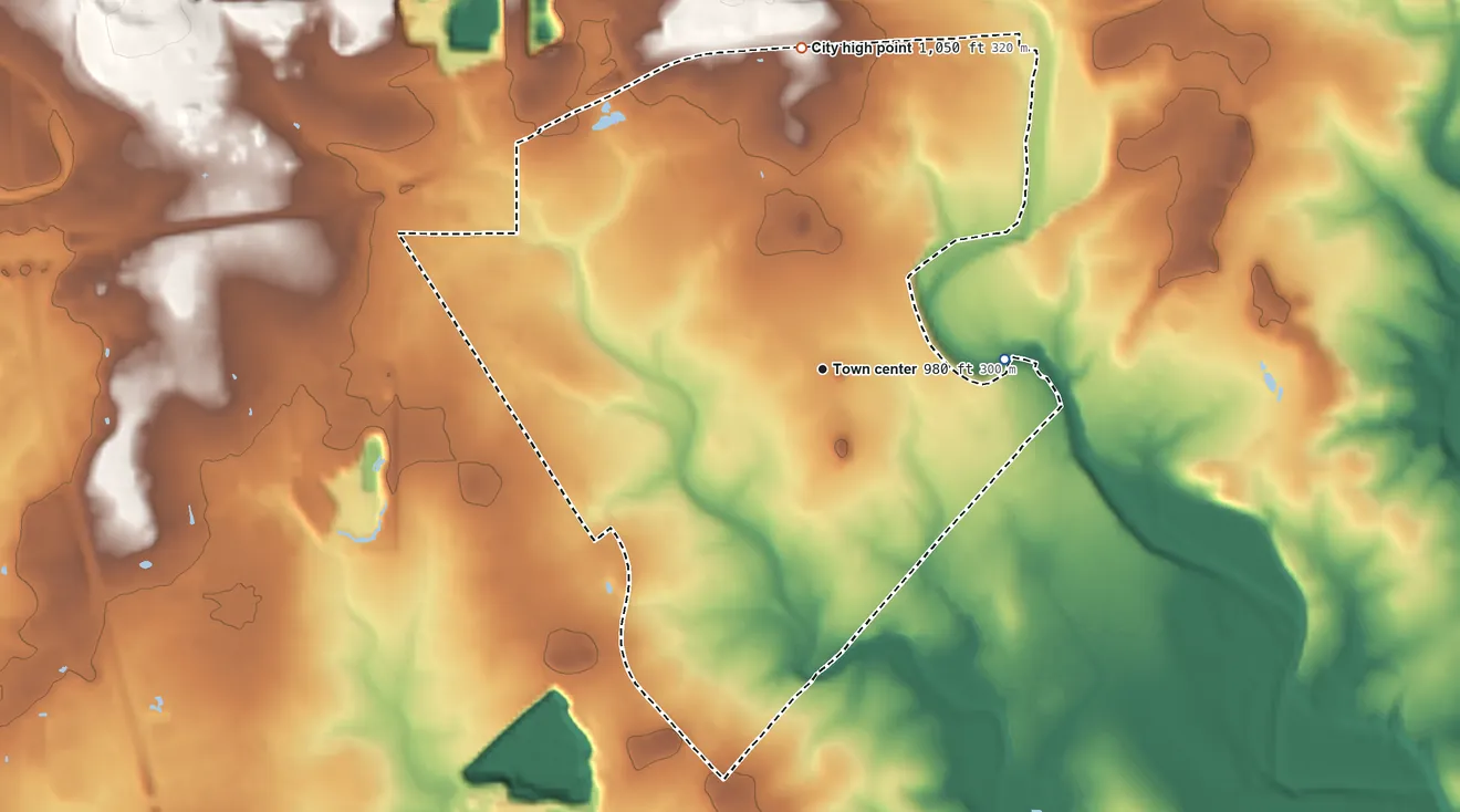 Topographic elevation map of Shavano Park, Texas, shaded from 890 ft on the east side to 1,050 ft on the north side