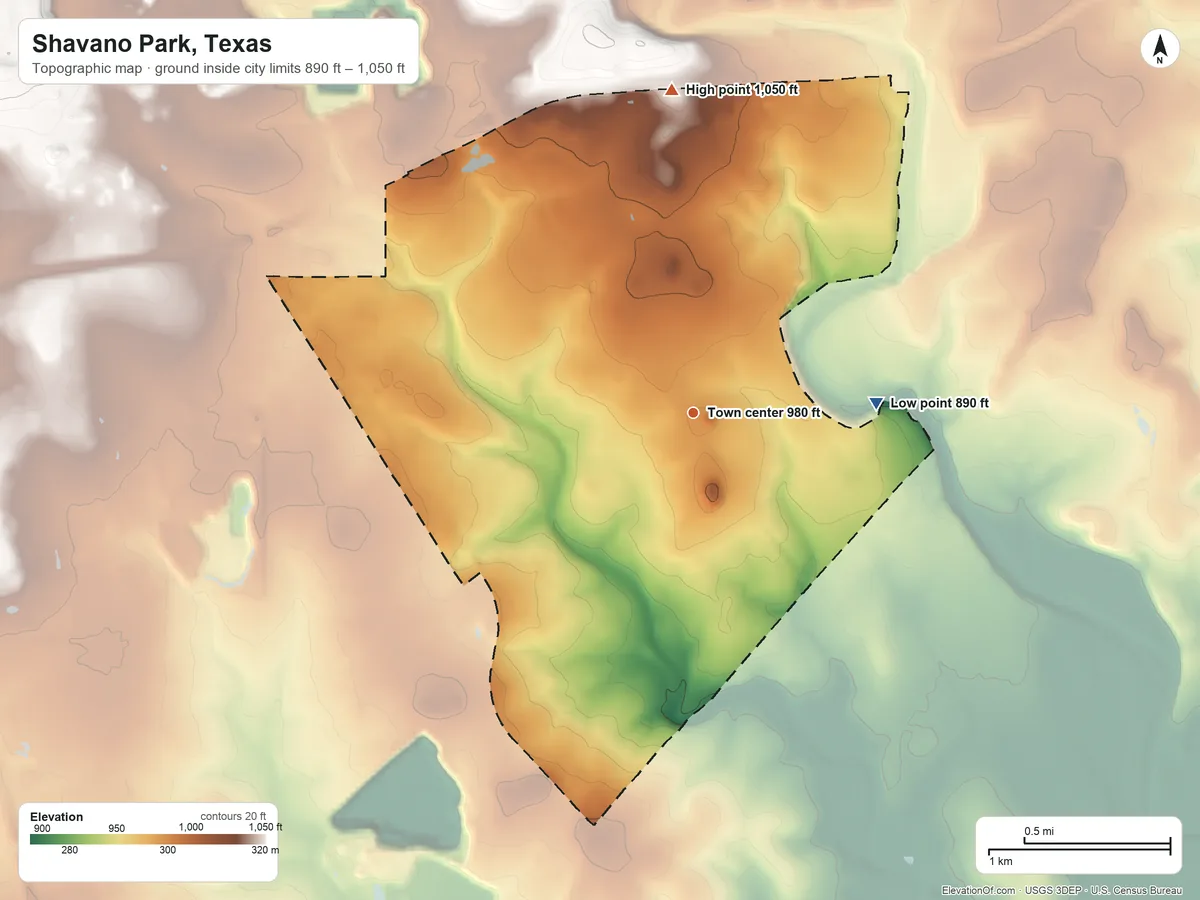 Topographic elevation map of Shavano Park, Texas, shaded from 890 ft on the east side to 1,050 ft on the north side