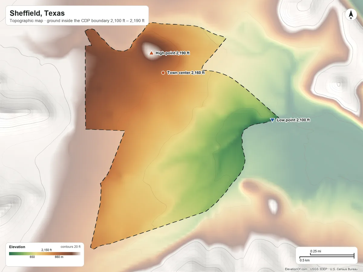 Topographic elevation map of Sheffield, Texas, shaded from 2,100 ft on the southeast side to 2,190 ft on the northwest edge, below higher ground just outside