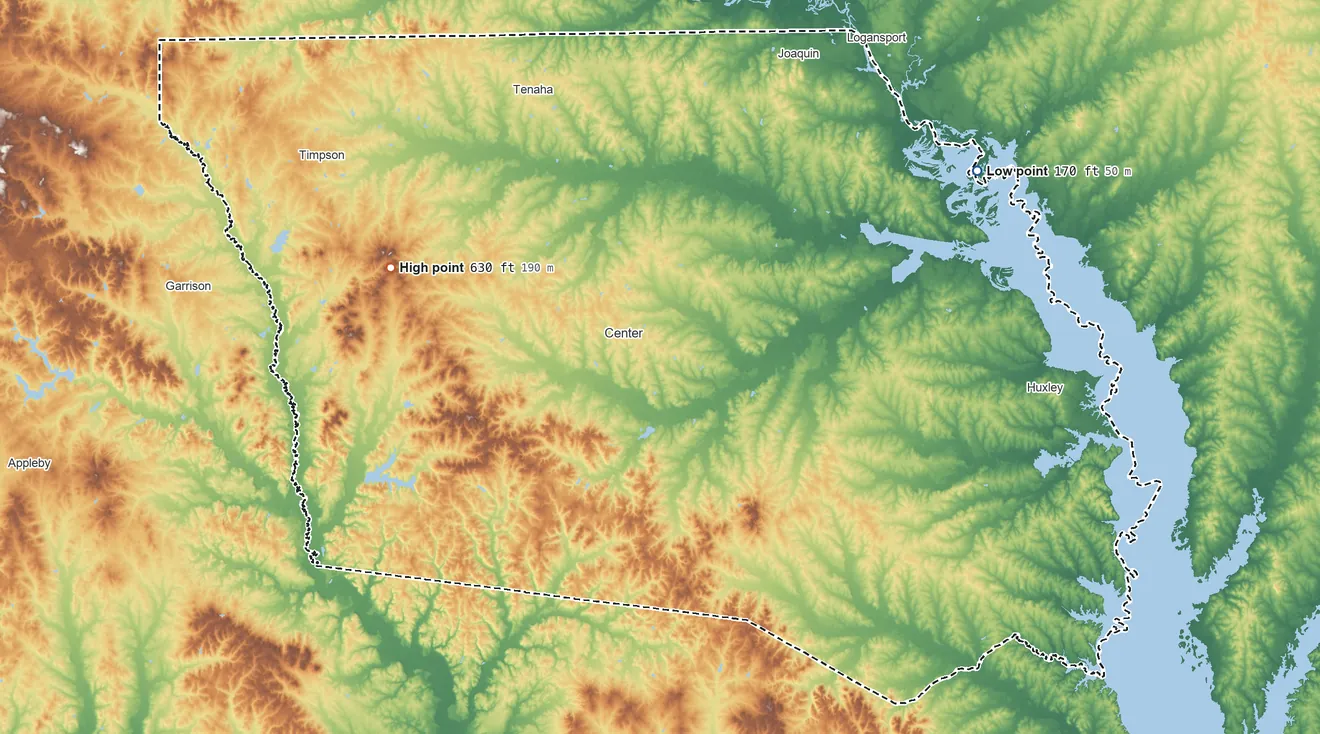 Topographic elevation map of Shelby County, Texas, shaded from 170 ft on the northeast side to 630 ft on the west side