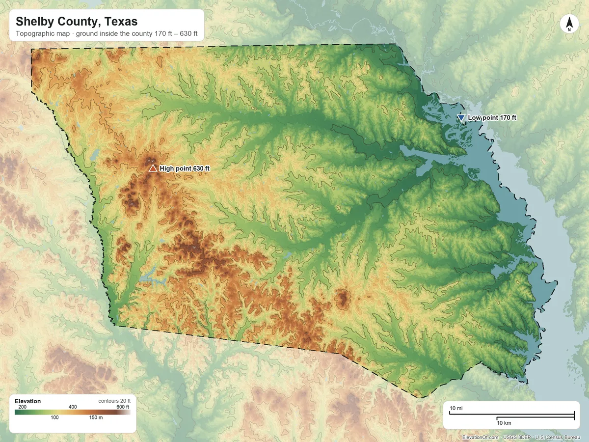 Topographic elevation map of Shelby County, Texas, shaded from 170 ft on the northeast side to 630 ft on the west side