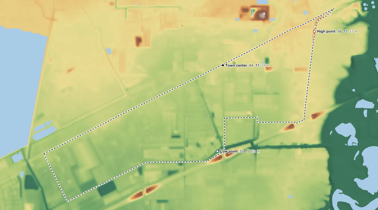Topographic elevation map of Sheldon, Texas, shaded from 32 ft on the south side to 56 ft on the east side