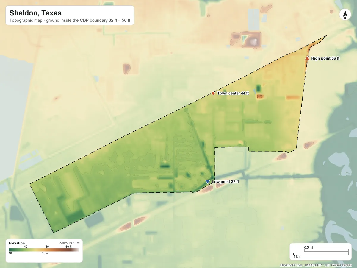 Topographic elevation map of Sheldon, Texas, shaded from 32 ft on the south side to 56 ft on the east side