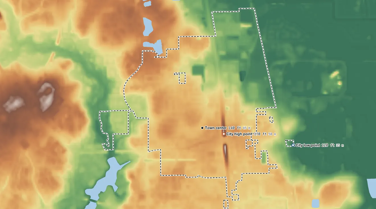 Topographic elevation map of Shenandoah, Texas, shaded from 120 ft on the east side to 170 ft near the middle