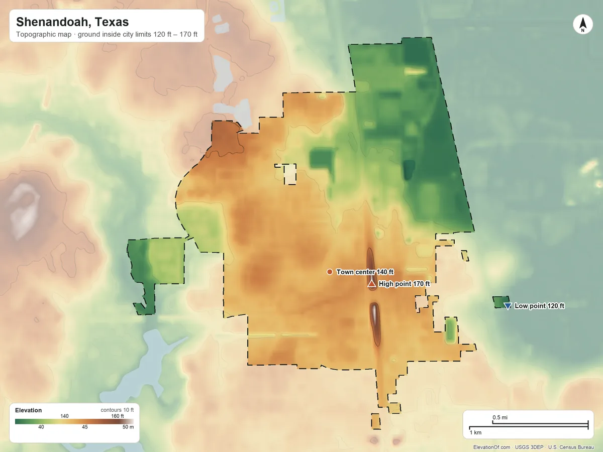 Topographic elevation map of Shenandoah, Texas, shaded from 120 ft on the east side to 170 ft near the middle