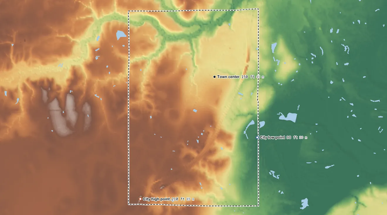Topographic elevation map of Shepherd, Texas, shaded from 98 ft on the southeast side to 210 ft on the southwest side