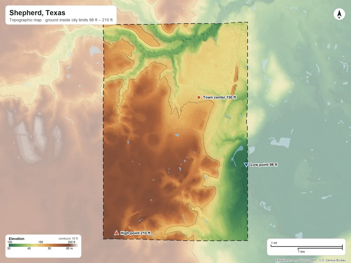Topographic elevation map of Shepherd, Texas, shaded from 98 ft on the southeast side to 210 ft on the southwest side