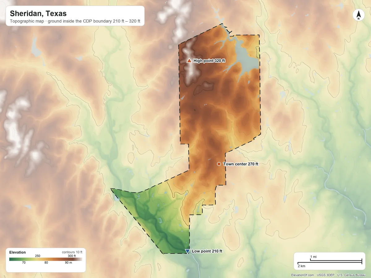 Topographic elevation map of Sheridan, Texas, shaded from 210 ft on the south side to 320 ft on the north side