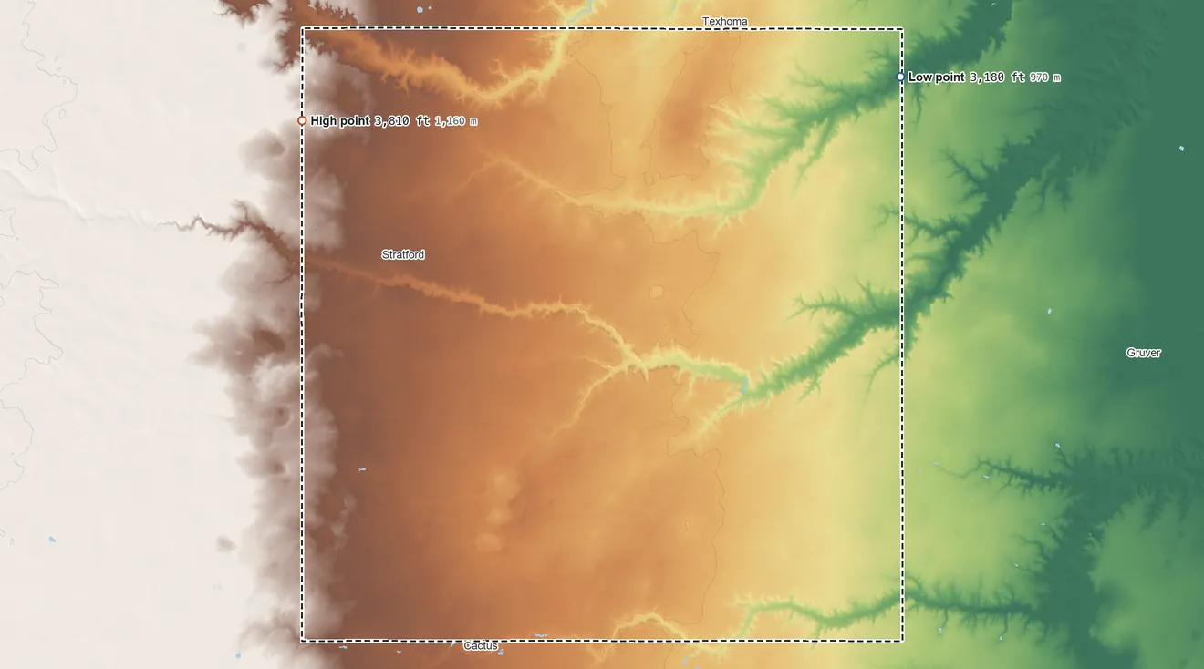 Topographic elevation map of Sherman County, Texas, shaded from 3,180 ft on the northeast side to 3,810 ft on the northwest side