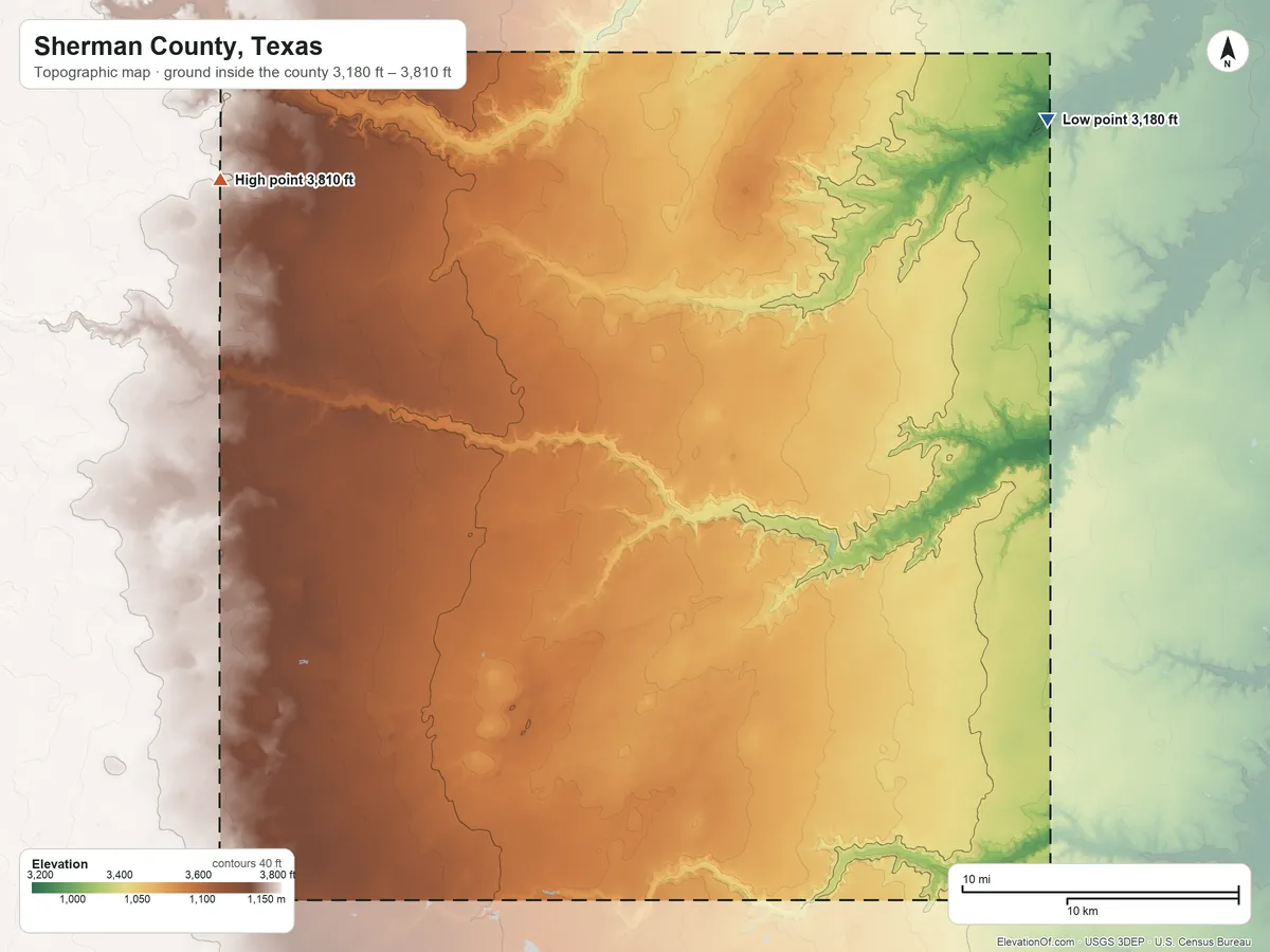 Topographic elevation map of Sherman County, Texas, shaded from 3,180 ft on the northeast side to 3,810 ft on the northwest side