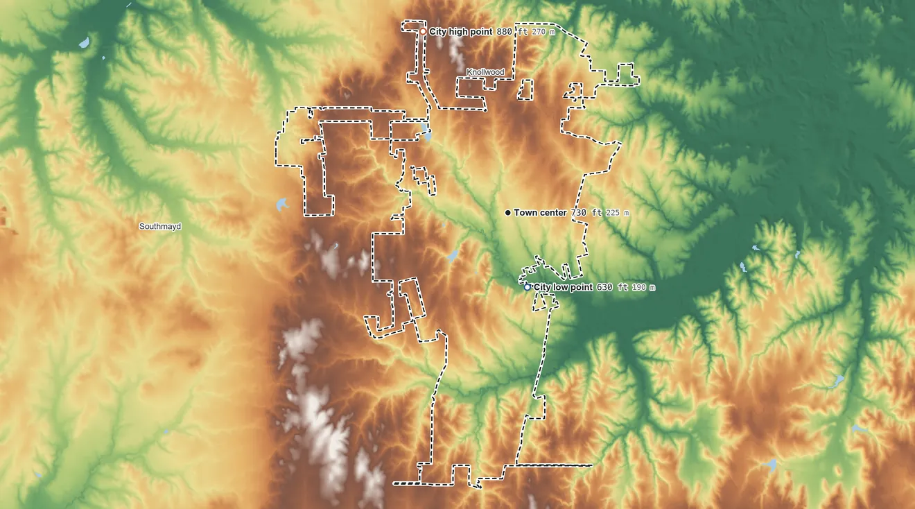 Topographic elevation map of Sherman, Texas, shaded from 630 ft on the south side to 880 ft on the northwest side