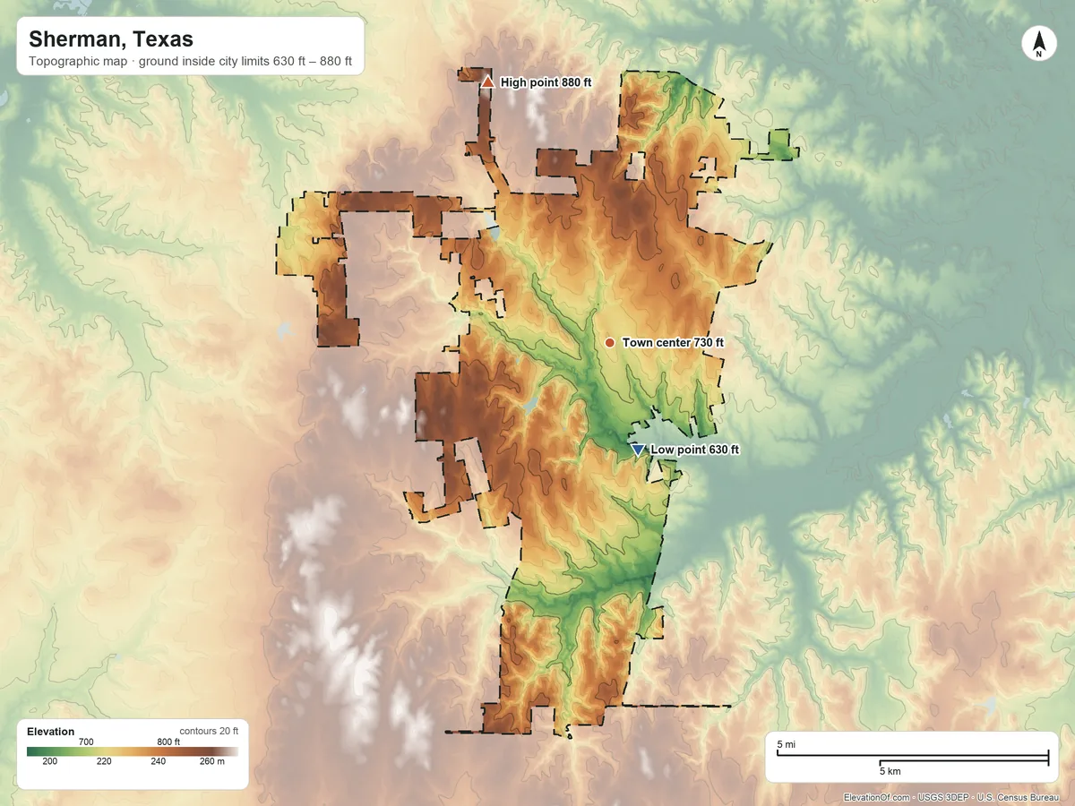 Topographic elevation map of Sherman, Texas, shaded from 630 ft on the south side to 880 ft on the northwest side