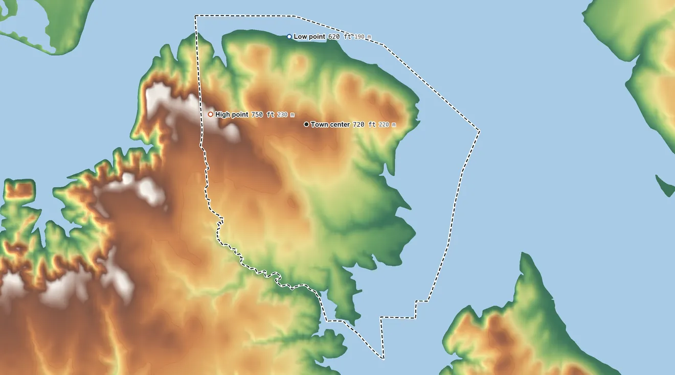 Topographic elevation map of Sherwood Shores, Texas, shaded from 620 ft on the north side to 750 ft on the west side