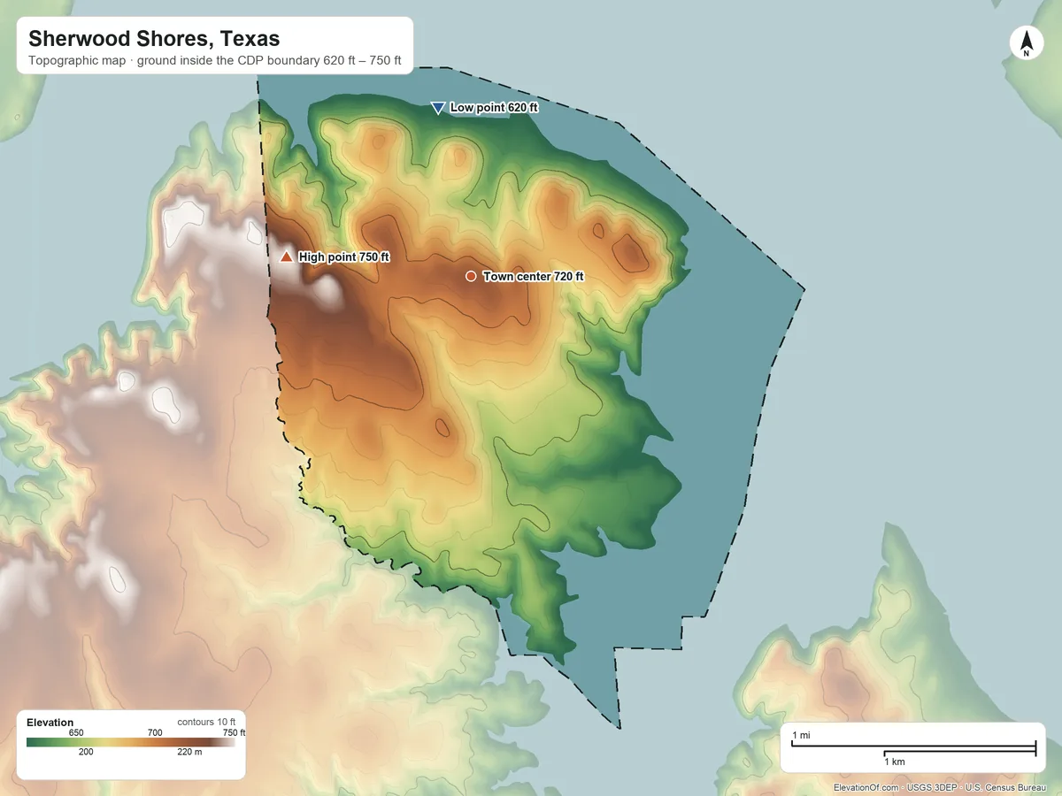 Topographic elevation map of Sherwood Shores, Texas, shaded from 620 ft on the north side to 750 ft on the west side