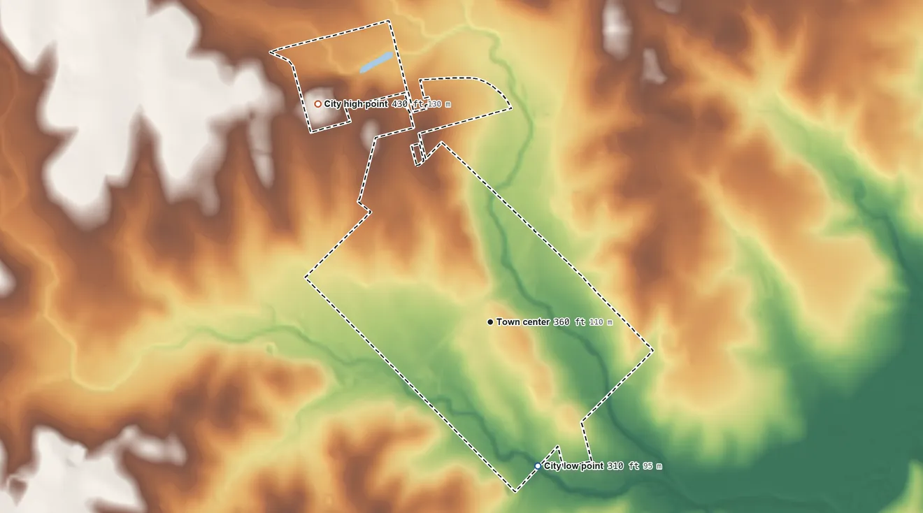 Topographic elevation map of Shiner, Texas, shaded from 310 ft on the south side to 430 ft on the northwest side