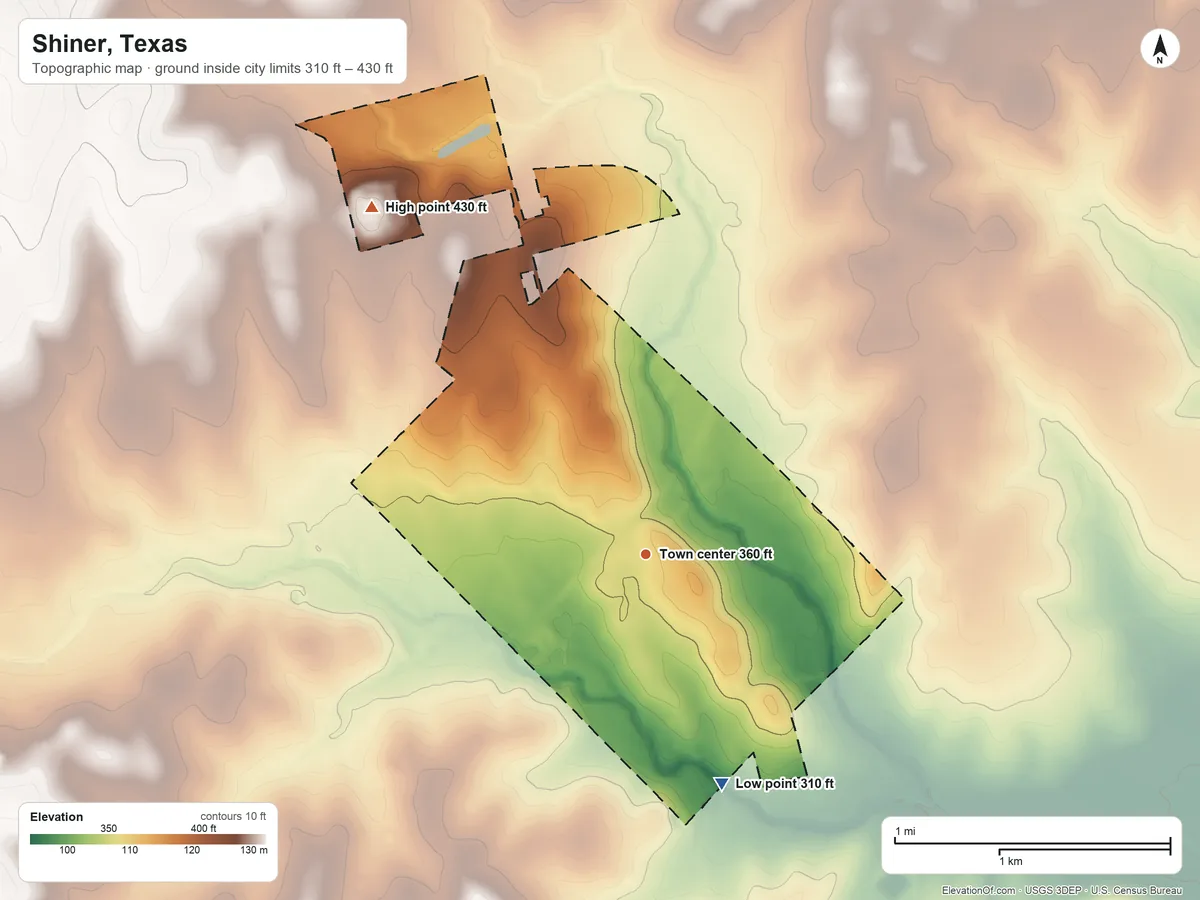 Topographic elevation map of Shiner, Texas, shaded from 310 ft on the south side to 430 ft on the northwest side