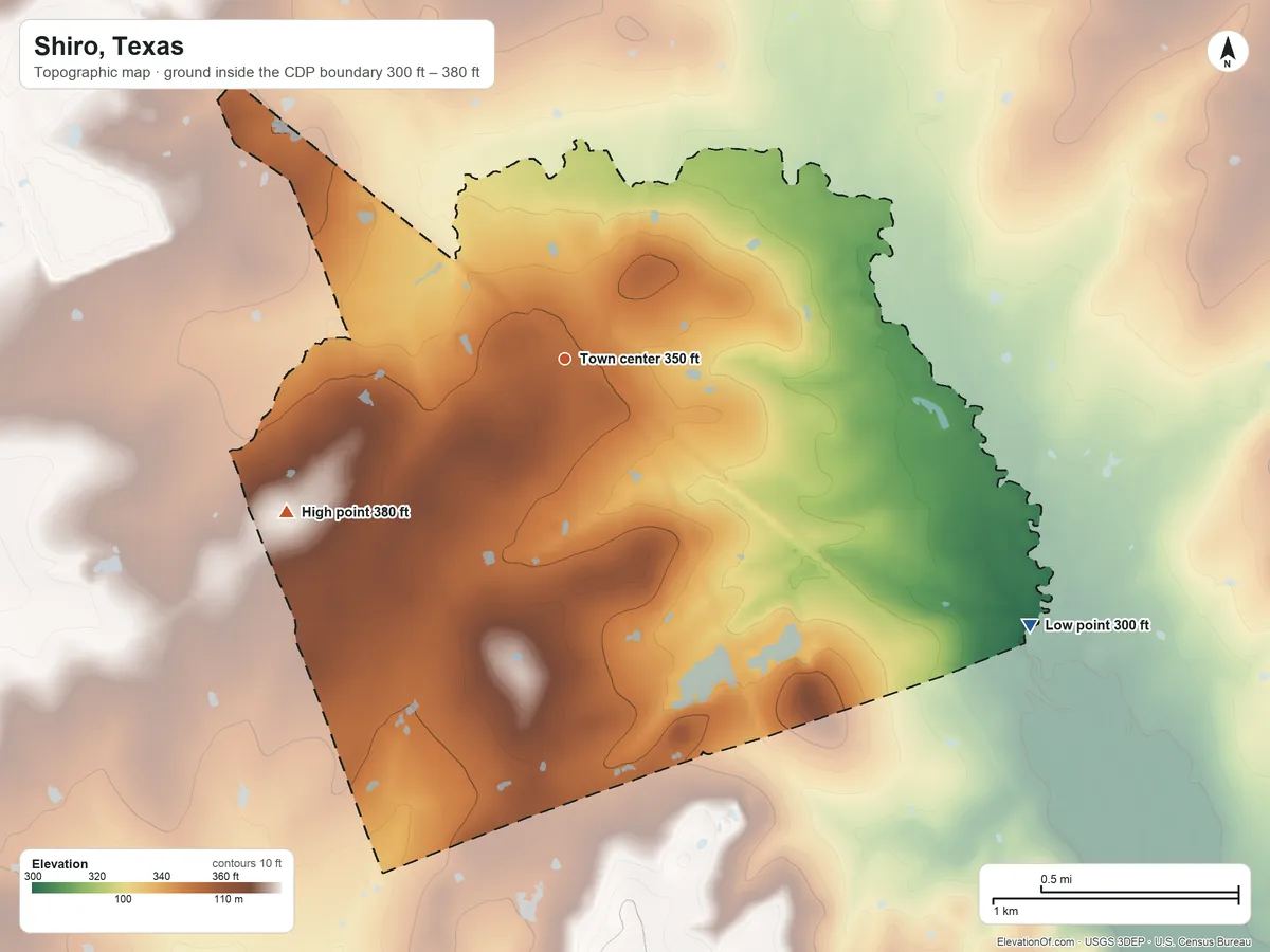 Topographic elevation map of Shiro, Texas, shaded from 300 ft on the southeast side to 380 ft on the southwest side